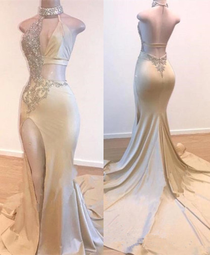 Long Mermaid Halter Satin Beading Split Front Backless Prom Dress