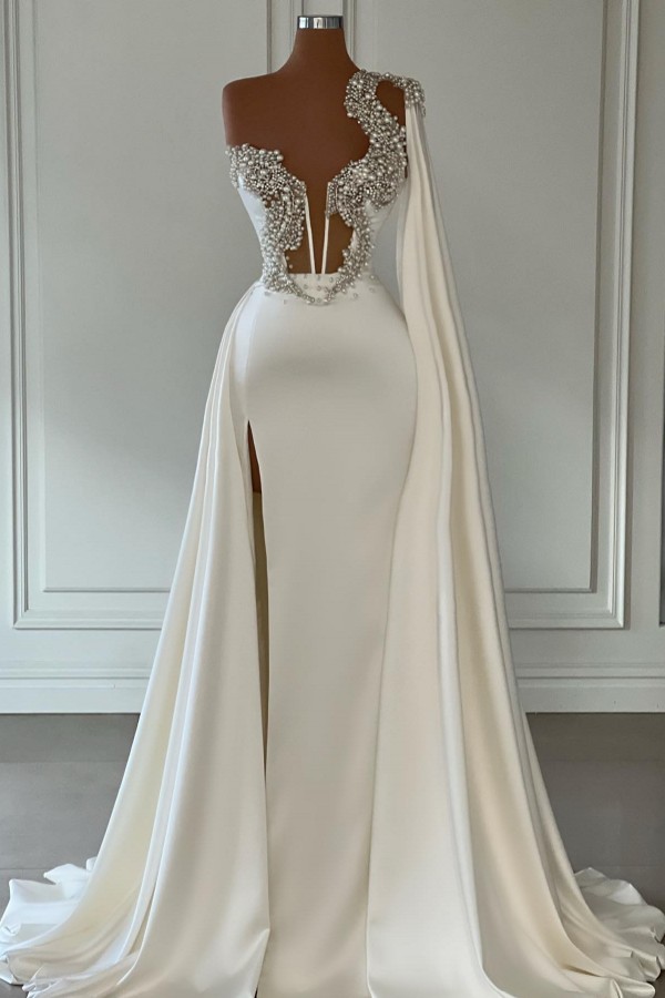 Ivory Long Mermaid One Shoulder Beading Satin Formal Prom Dresses with Slit