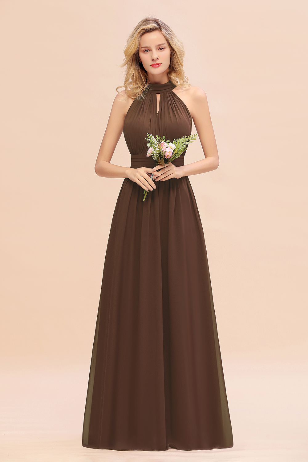BM0758 Glamorous High-Neck Halter Bridesmaid Affordable Dresses with Ruffle