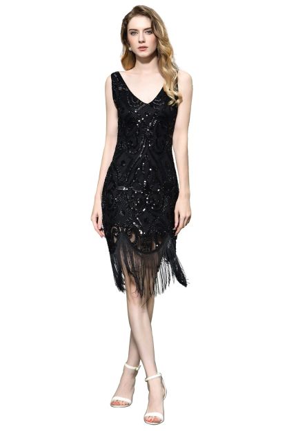 Chic Fringed Sequins V-neck Knee Length Prom Dress