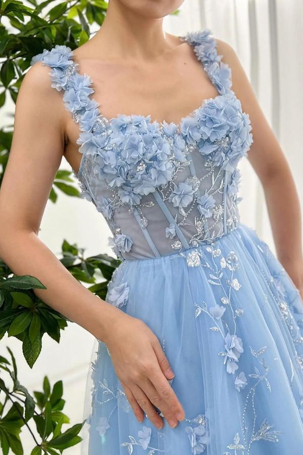 Elegant Sky-Blue A-Line Sweetheart Tulle Ankle-Length Prom Dresses with Flowers