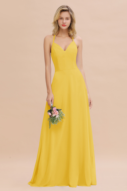 Stylish Chiffon Spaghetti Straps Sleeveless Long Bridesmaid Dress