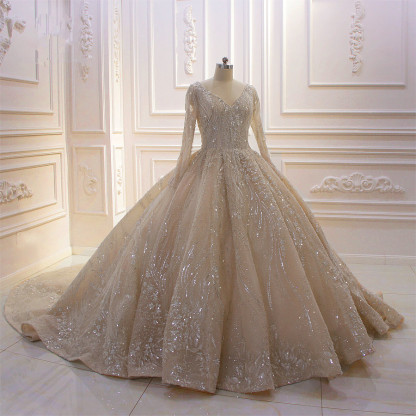 Glamorous Long Sleeve V-neck Sequin Beading Ruffles Ball Gown Wedding Dress