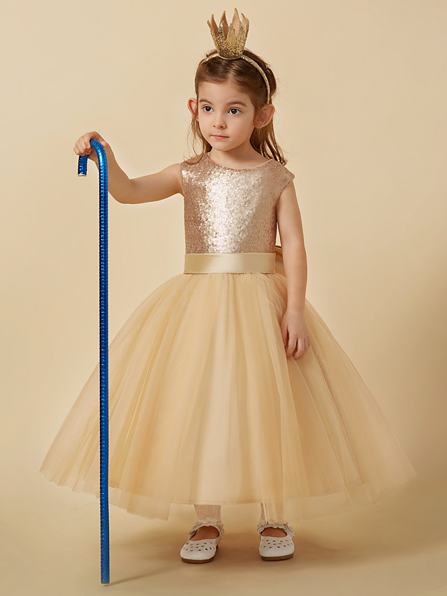 Princess Ankle Length Pageant Flower Girl Dresses - Tulle / Sequined Sleeveless Jewel Neck With Sash / Ribbon / Bow(S)