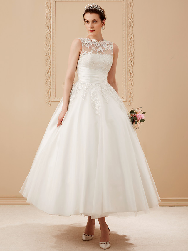 Short A-Line Satin Lace Ankle Length Vintage Wedding Dresses