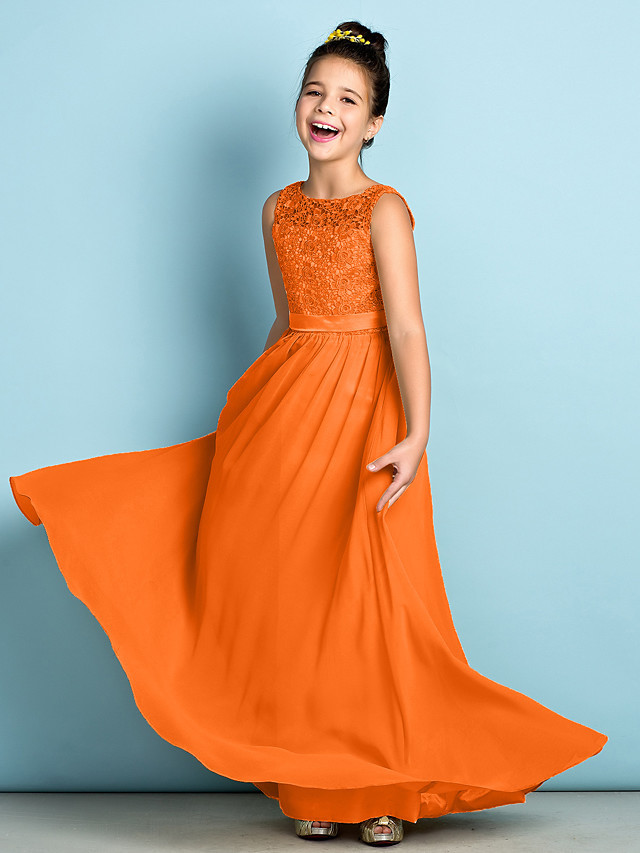 A-Line Scoop Neck Floor Length Chiffon / Lace Junior Bridesmaid Dress With Lace / Natural / Mini Me
