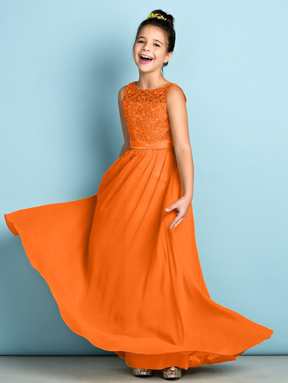 A-Line Scoop Neck Floor Length Chiffon / Lace Junior Bridesmaid Dress With Lace / Natural / Mini Me