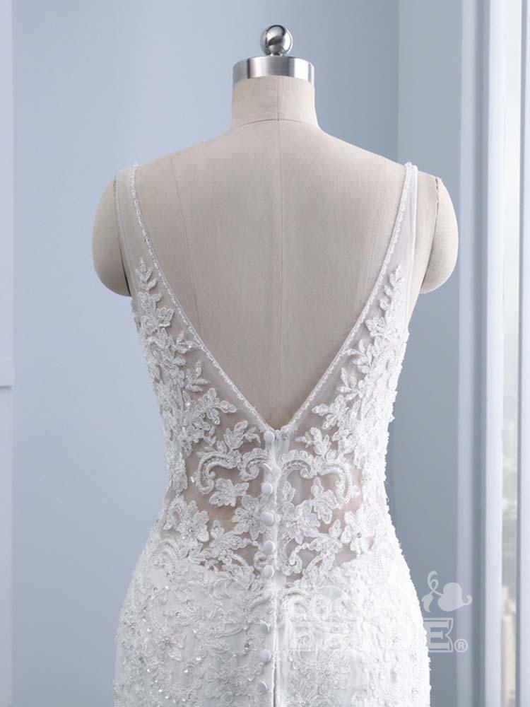 Elegant Long V-neck Lace Mermaid Tulle Wedding Dresses