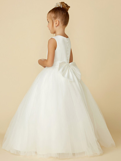 A-Line Floor Length Wedding / First Communion Flower Girl Dresses - Satin / Tulle Sleeveless Jewel Neck With Bow(S) / Buttons