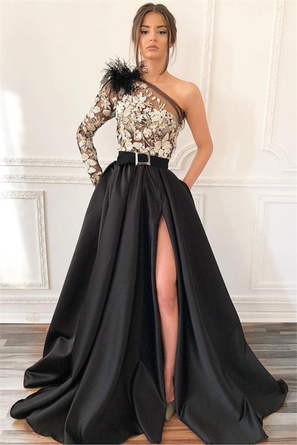 Long A-line One Shoulder Appliques Lace Front Slit Prom Dress with Sleeves