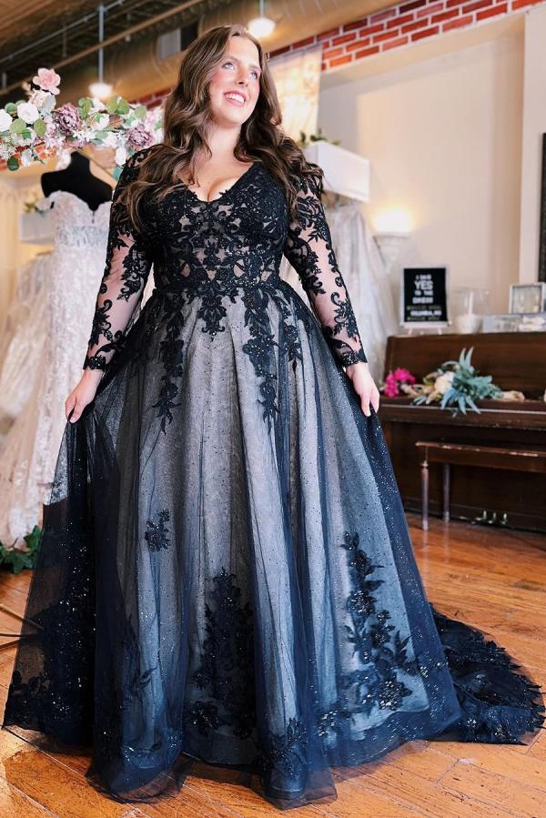 Plus Size Long Ball Gown V-Neck Tulle Appliques Black Wedding Dresses with Sleeves