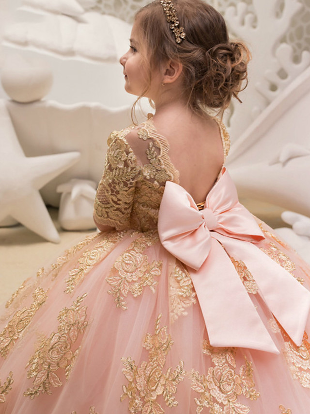 Princess / Ball Gown Floor Length Wedding / Party Flower Girl Dresses - Tulle Half Sleeve Jewel Neck With Bow(S) / Appliques