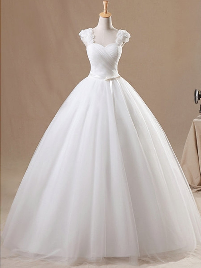 Long Ball Gown Jewel Neck Floor Length Chiffon Tulle Sleeveless Wedding Dresses