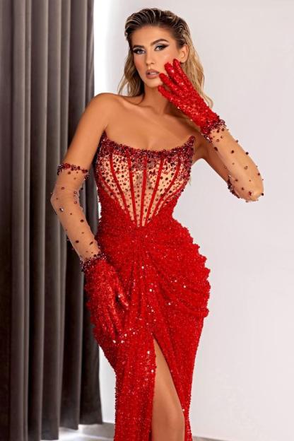 Split Front Strapless Long Mermaid Draped Prom Dress with Red Beads and Gloves