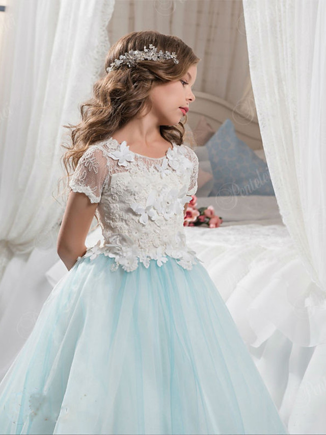 Long A-line Tulle Jewel Neck Appliques Lace Flower Girl Dresses with Sleeves