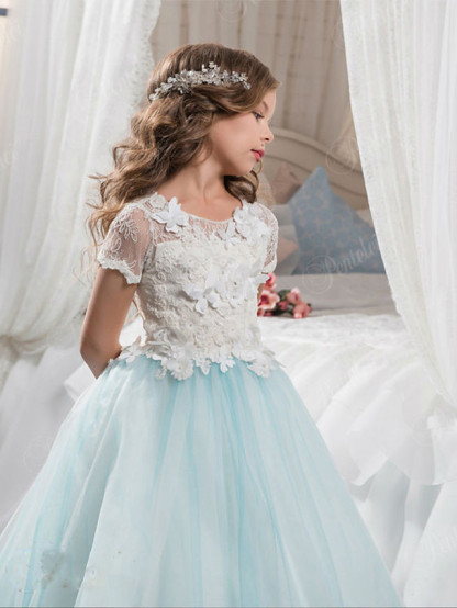 Long A-line Tulle Jewel Neck Appliques Lace Flower Girl Dresses with Sleeves