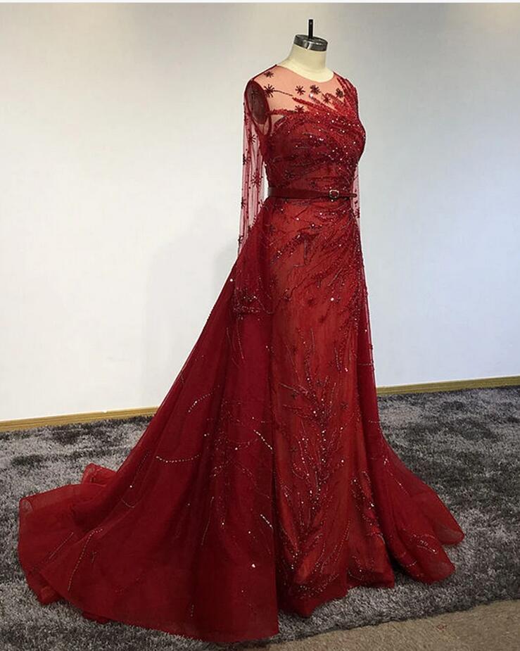 Gorgeous Bateau Long Sleeve Crystal Floor-length Ruffles Tulle A-Line Prom Dress