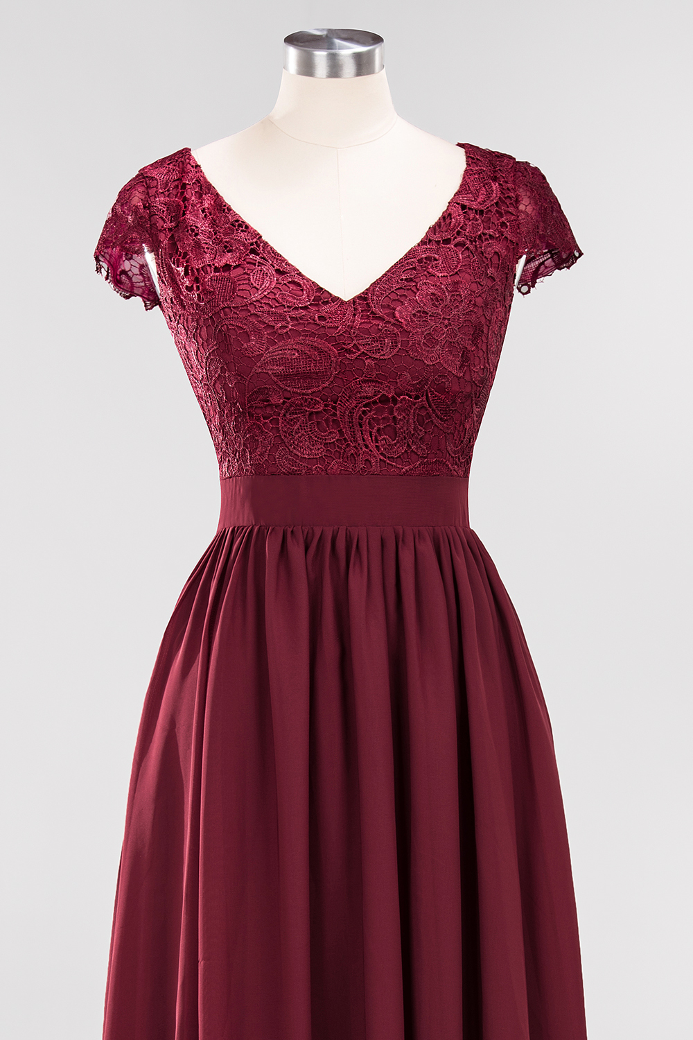 A-line Chiffon Lace V-Neck Sleeveless Floor-Length Bridesmaid Dresses with Ruffles