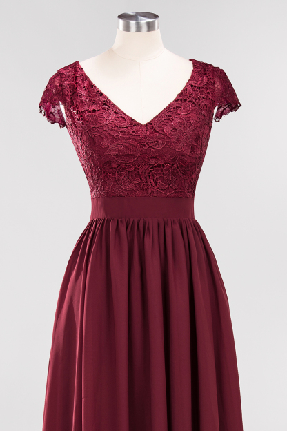 A-line Chiffon Lace V-Neck Sleeveless Floor-Length Bridesmaid Dresses with Ruffles