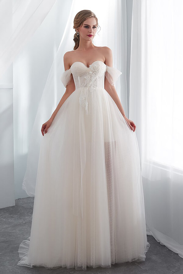 Long Sweetheart Lace-up Tulle Off the Shoulder A-line Wedding Dress