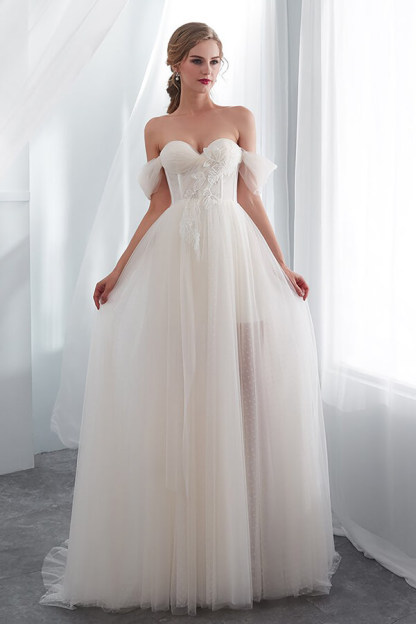 Long Sweetheart Lace-up Tulle Off the Shoulder A-line Wedding Dress