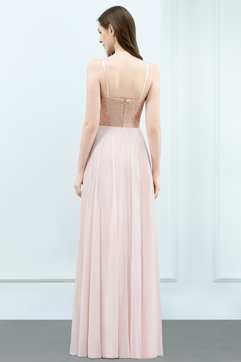 A-line Chiffon Sequined Spaghetti Straps Sleeveless Floor-Length Bridesmaid Dress