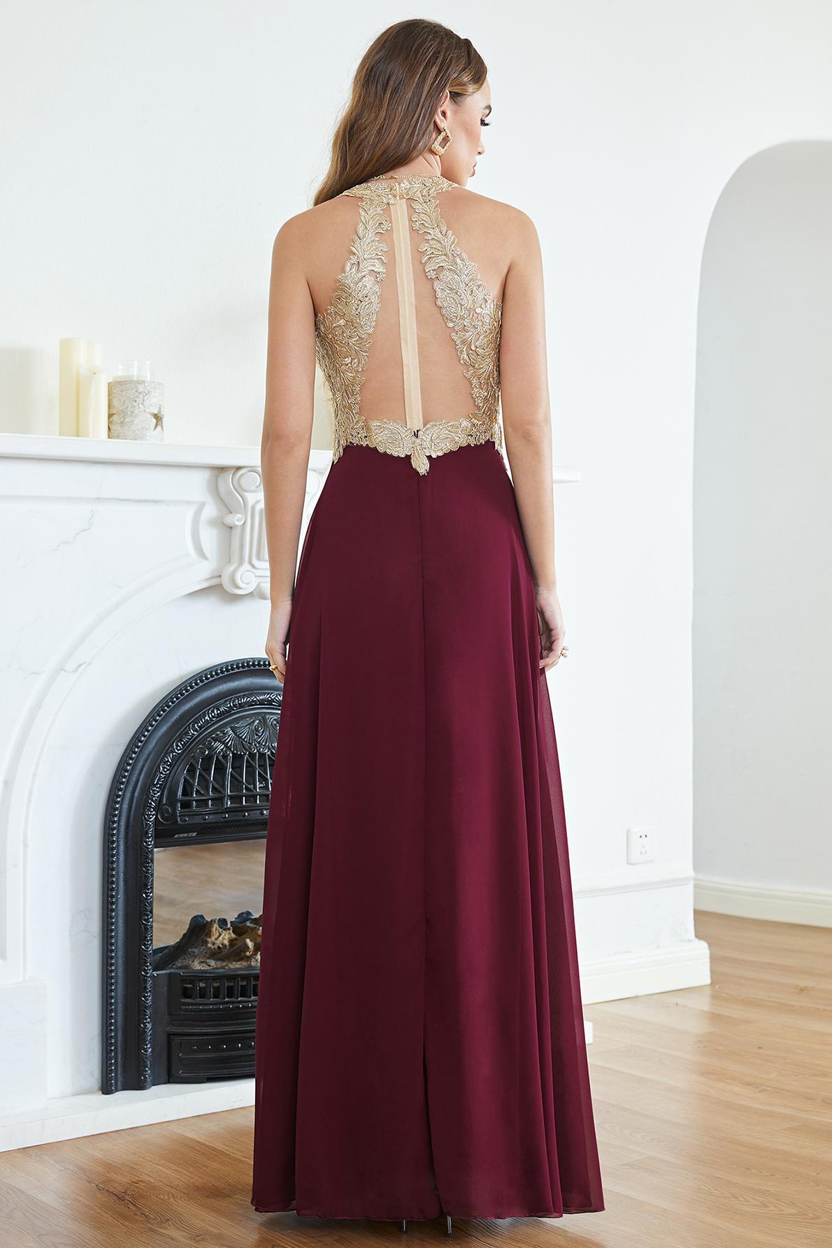 Long Halter Gold Lace Appliques A-line Chiffon Formal Evening Dress