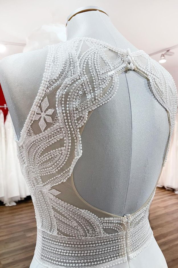 Modest Long A-line Chiffon Jewel Ruffles Appliques Open Back Wedding Dress