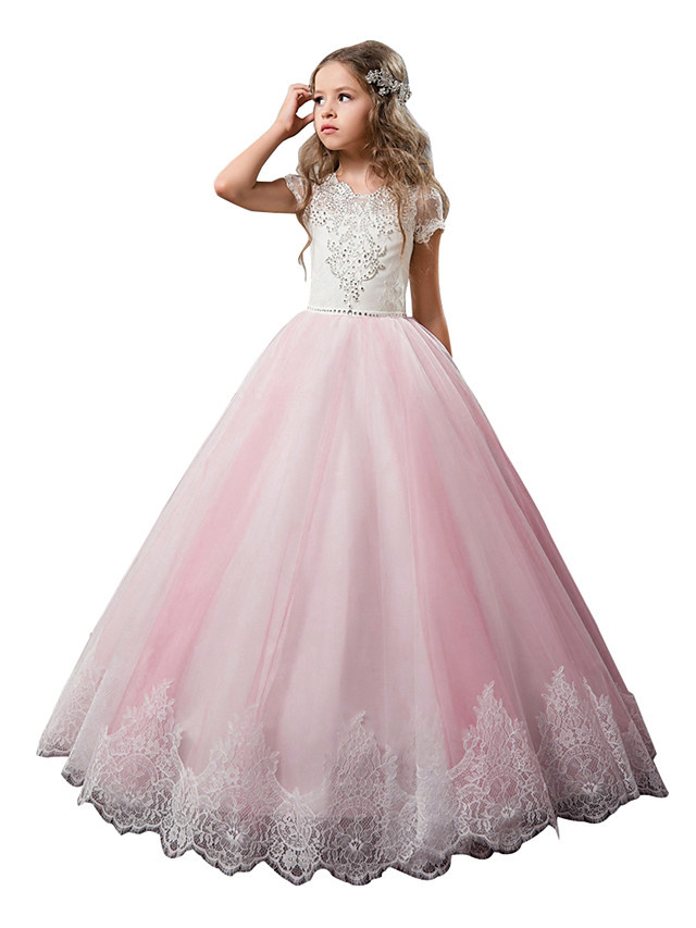 Princess Floor Length Wedding / Birthday / First Communion Flower Girl Dresses - Cotton / Nylon With A Hint Of Stretch / Lace / Tulle Short Sleeve Jewel Neck With Lace / Crystals / Rhinestones
