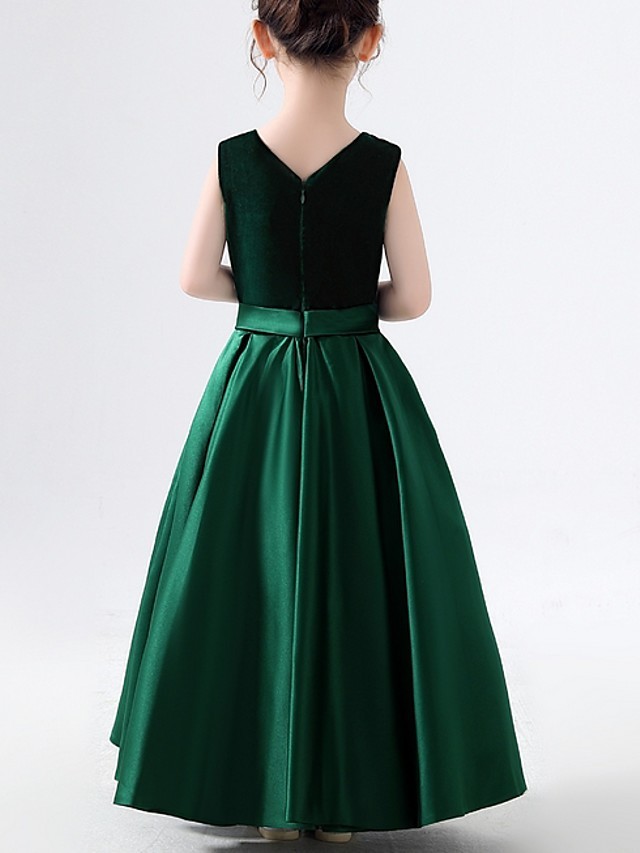 Dark Green Long A-line V-neck Satin Firl Party Dresses