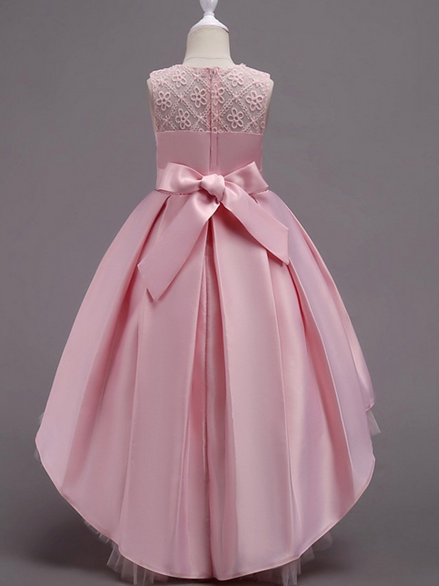 A-Line Asymmetrical Pageant Flower Girl Dresses - Satin Sleeveless Jewel Neck With Lace / Bow(S) / Beading