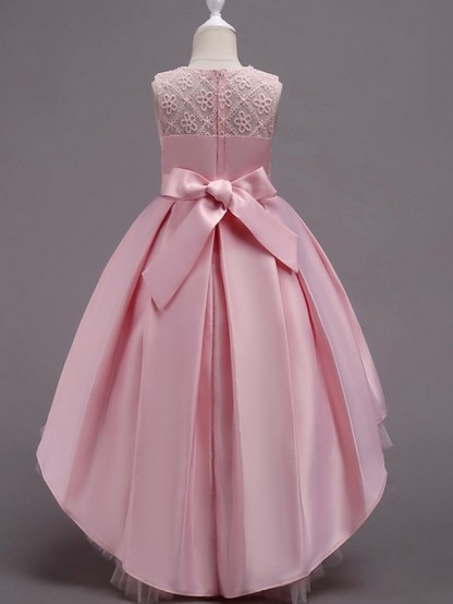 A-Line Asymmetrical Pageant Flower Girl Dresses - Satin Sleeveless Jewel Neck With Lace / Bow(S) / Beading