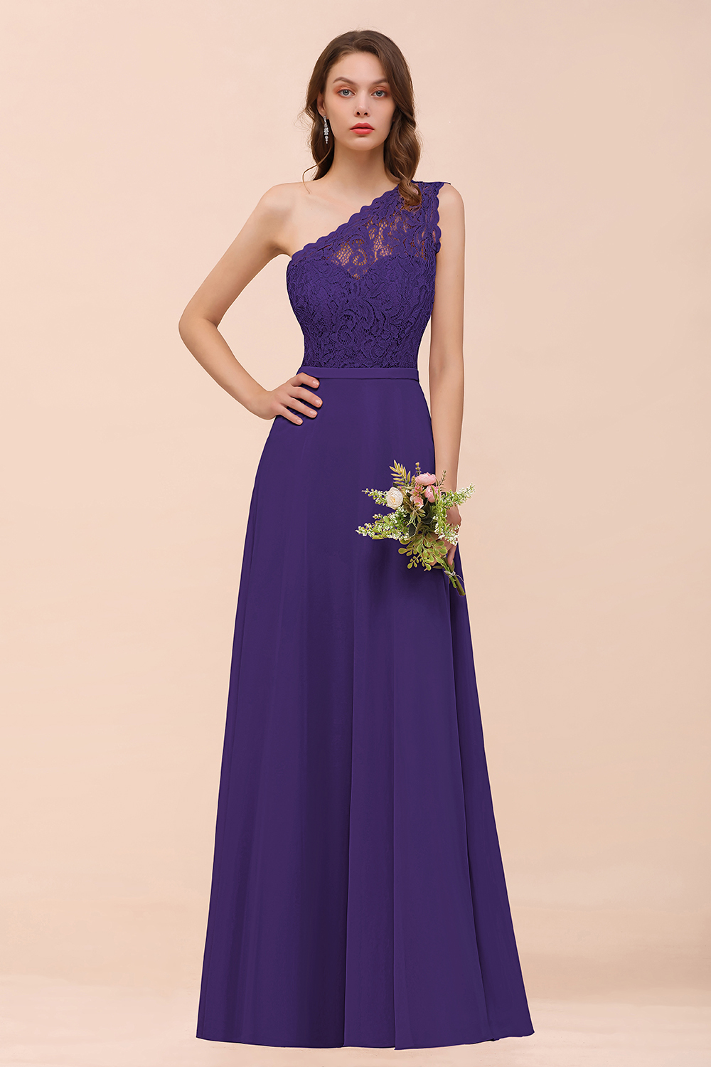 Classy One Shoulder Appliques Lace Floor-length A-Line Chiffon Bridesmaid Dress