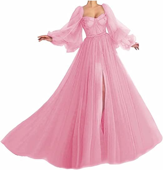 Awesome Long Sleeves A-line Sweetheart Tulle Prom Dress with Slit