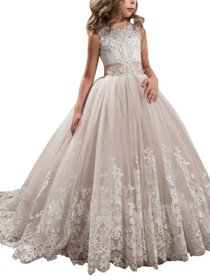 Princess Sleeveless Jewel Neck Pageant Flower Girl Dresses With Bow(S)