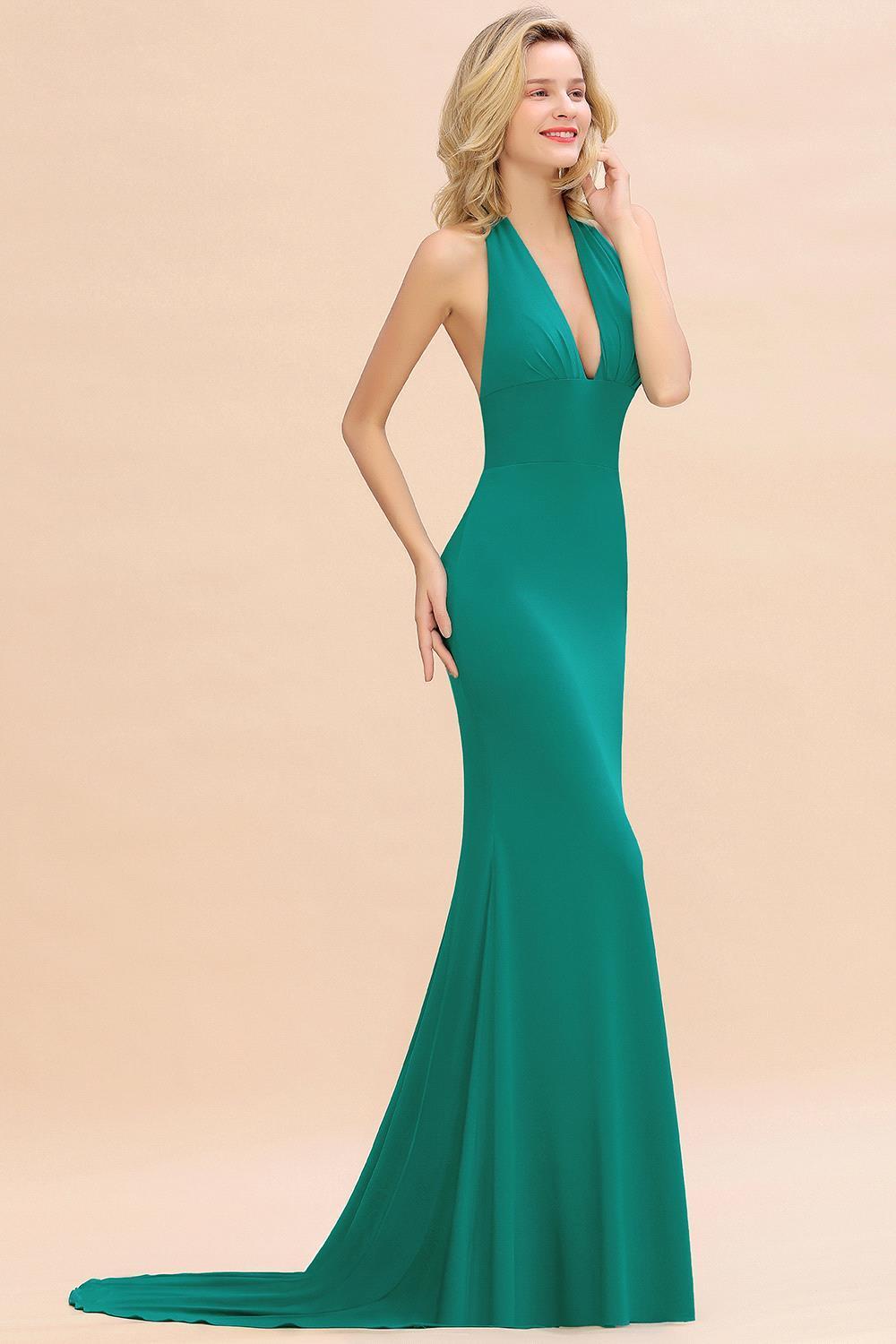 Elegant Halter Deep V-neck Open Back Floor-length Mermaid Prom Dress