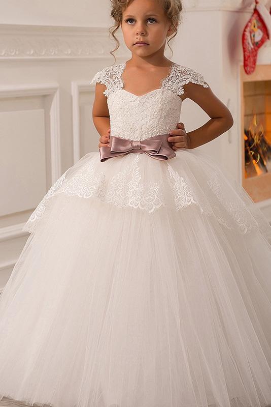 White Square Neck Cap Sleeves Ball Gown Flower Girls Dress