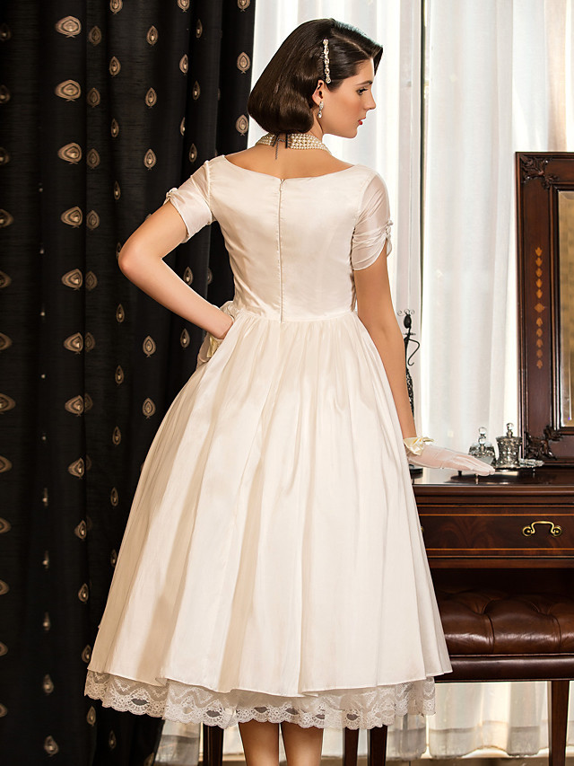 Short A-Line V Neck Tea Length Taffeta Wedding Dresses with Short Sleeve