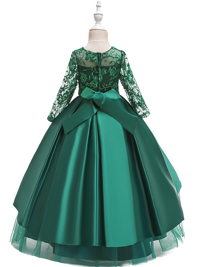 Princess Floor Length Wedding / Party / Pageant Flower Girl Dresses - Lace / Satin / Tulle Long Sleeve Jewel Neck With Lace / Belt / Crystals