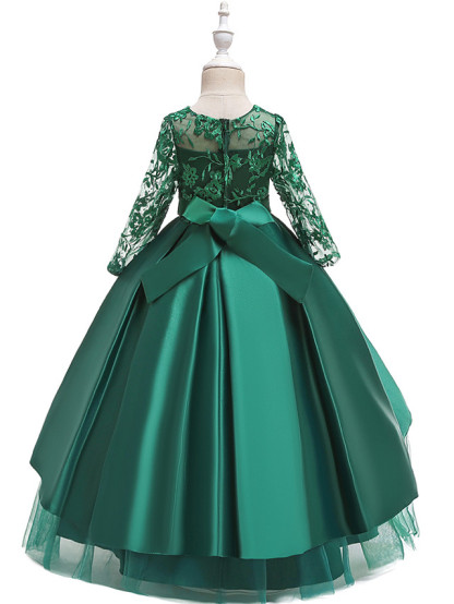 Princess Floor Length Wedding / Party / Pageant Flower Girl Dresses - Lace / Satin / Tulle Long Sleeve Jewel Neck With Lace / Belt / Crystals