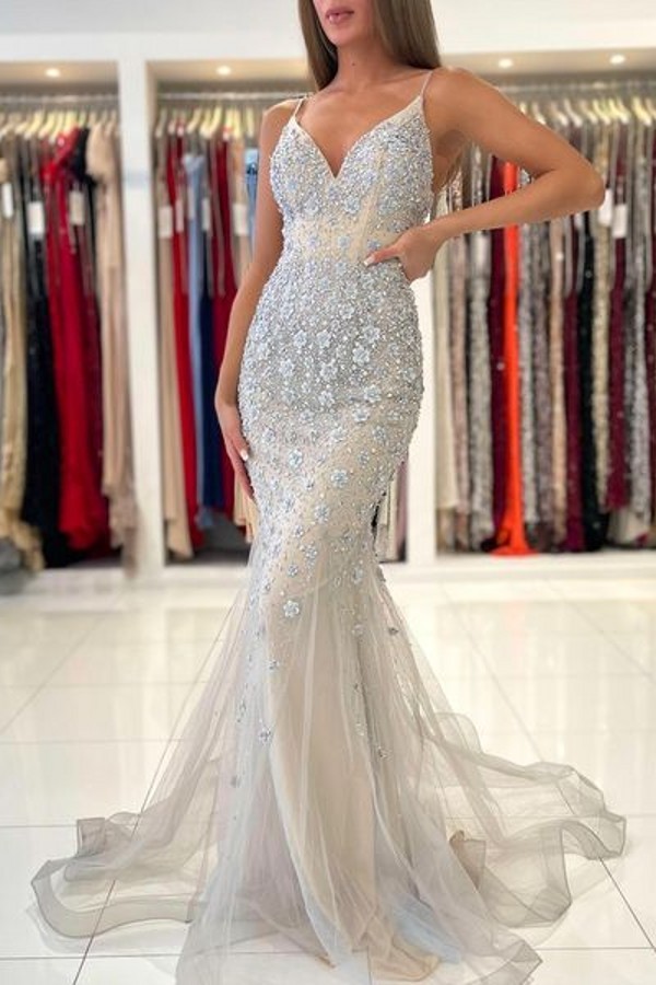 Unique Long Mermaid V-neck Lace Appliques Tulle Backless Prom Dress