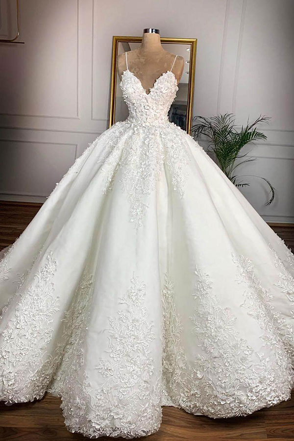Spaghetti Strap Appliques Satin Wedding Dress