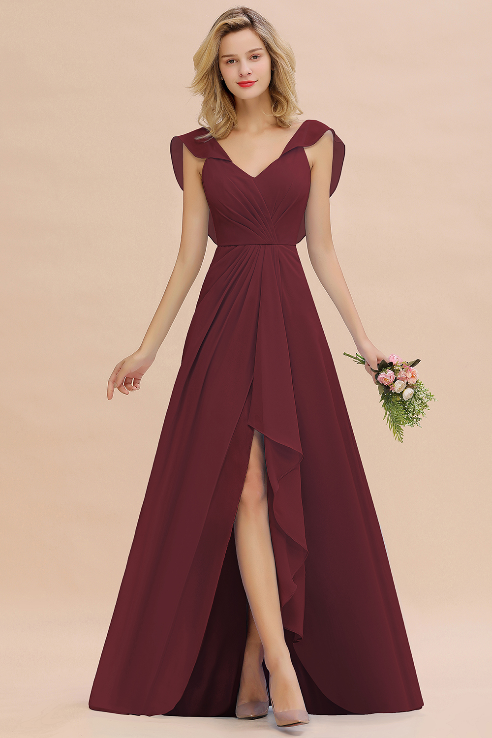 BM0777 Simple Hi-Lo V-Neck Ruffles Long Bridesmaid Dress