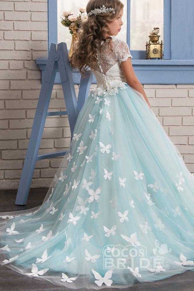 Pink Scoop Neck Short Sleeves Ball Gown Flower Girl Dress