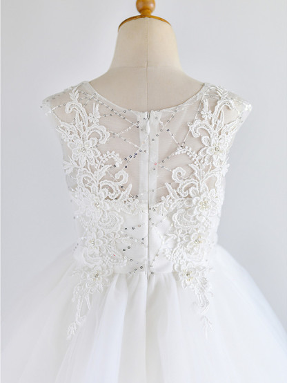 Ball Gown Asymmetrical Wedding / First Communion / Birthday Flower Girl Dresses - Lace / Tulle Sleeveless Jewel Neck With Beading