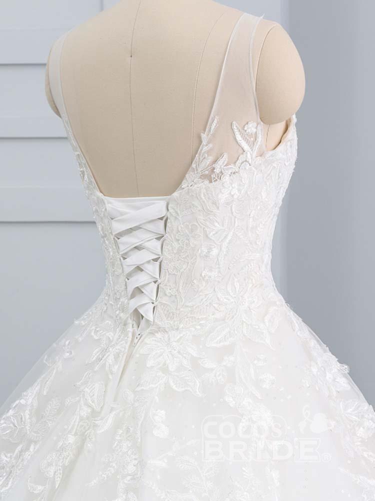 Gorgeous Ivory Long Tulle Lace-Up Sweep Train Ball Gown Wedding Dresses
