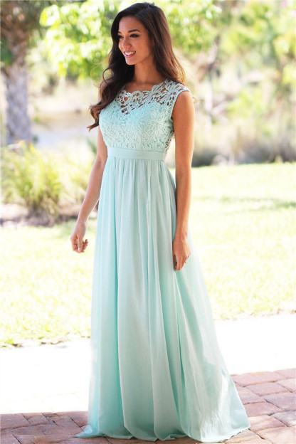 Sheath Crew Sleeveless Floor-length Lace Top Chiffon Bridesmaid Dresses