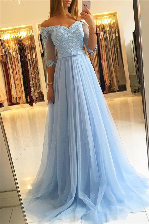 Elegant Off-the-shoulder Half Sleeves Appliques Lace Tulle A-Line Prom Dress