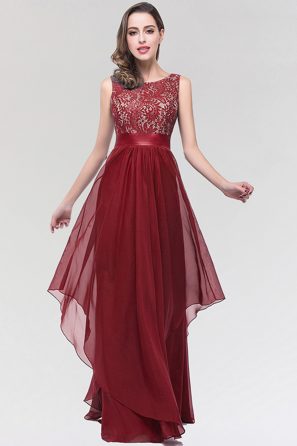 Plus Size A-line Scoop Neck Chiffon Long Formal Dress with Appliques Lace