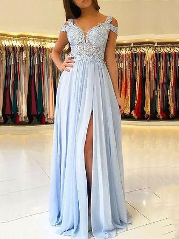 Chic Sky Blue Long Sweetheart Chiffon A-line Prom Dresses with Slit